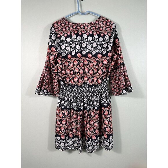 Eliza J Dress Womens 10P Blue‎ Pink Floral Smocked Waist Bell Sleeves - Picture 2 of 13